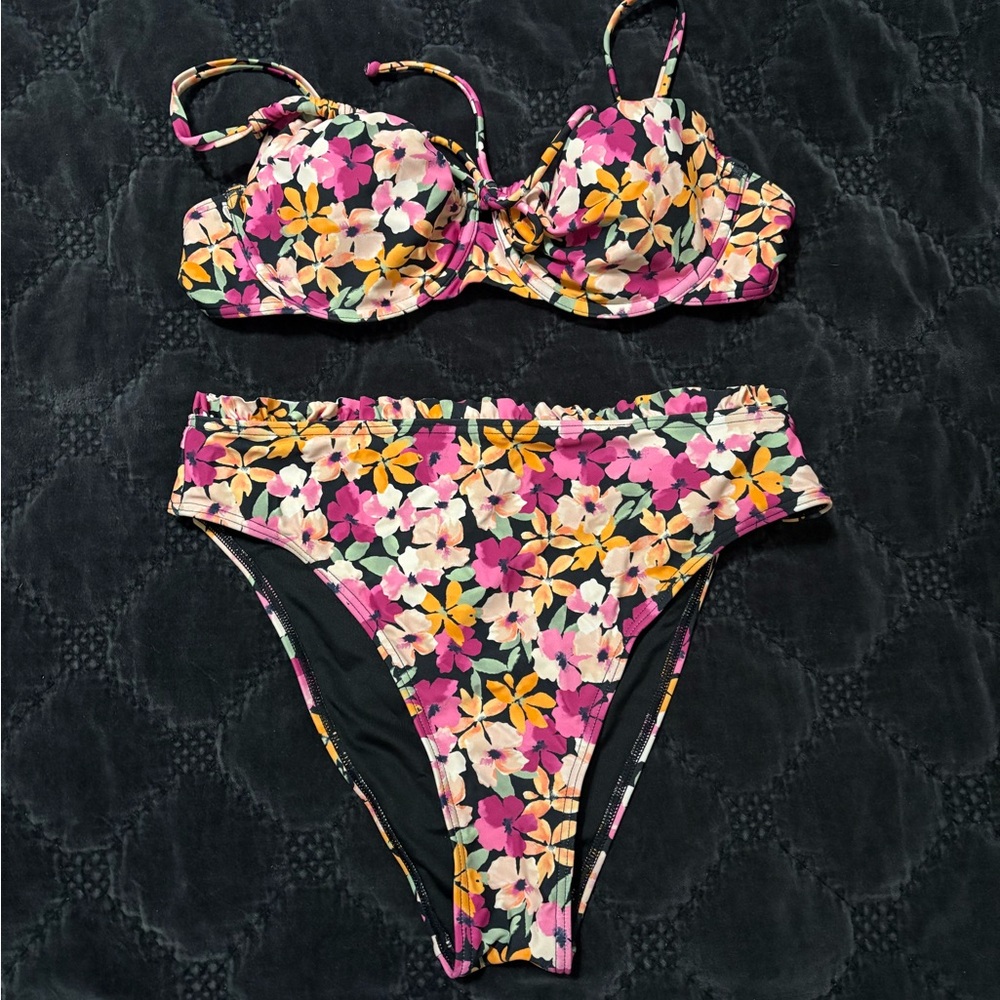 Cupshe Floral Bikini - Pink, Yellow, Black